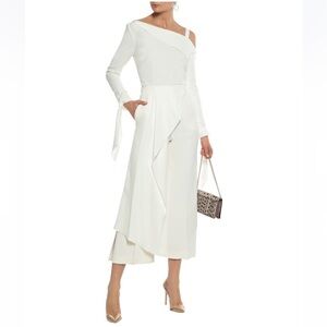 Roland Mouret White Griffin Draped Crepe Wide-Leg Asymmetrical Pants
